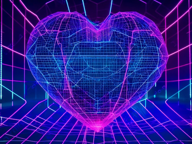 A forma di cuore con illustrazione della rete wireframe Synthwave Sfondo digitale astratto anni '80 anni '90 Retro f