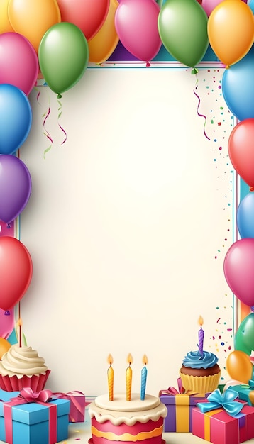 a frame with balloons and a banner that says happy birthday