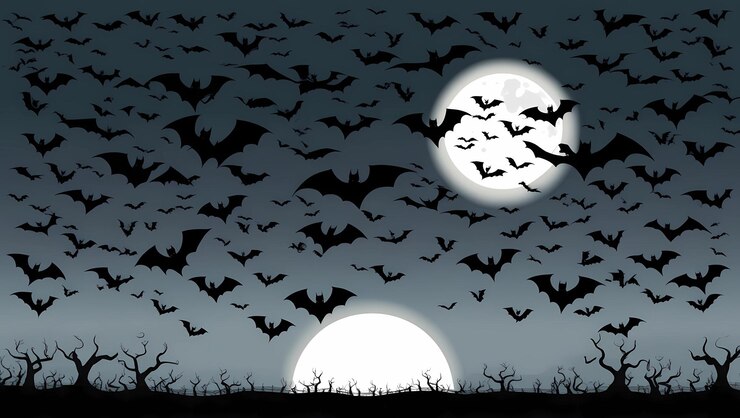 a full moon with bats flying in the sky and the moon behind it