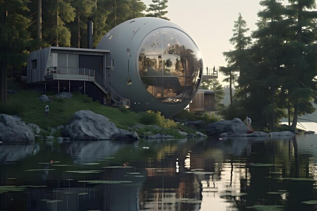 a_futuristic_styled_house_sitting_by_a_lake