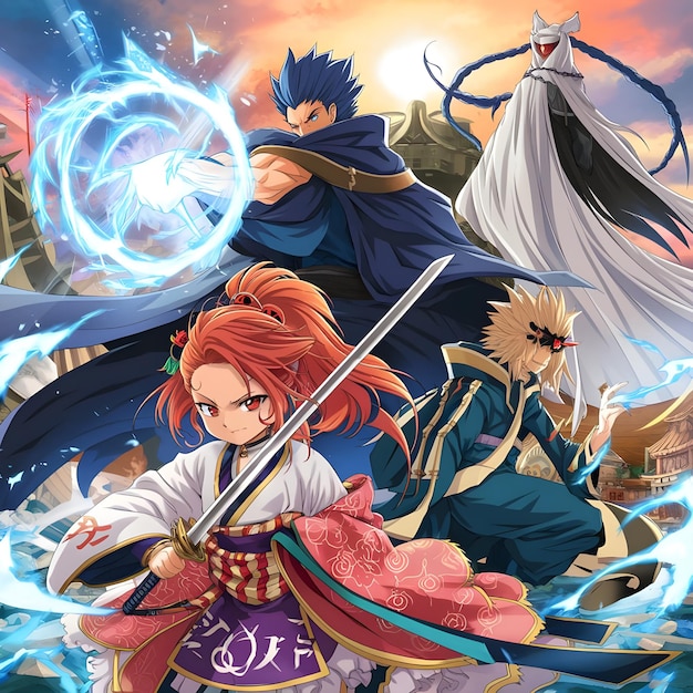 a girl with a sword and a dragon in the background