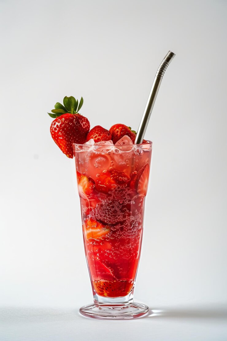 A glass of strawberry juice with a straw in it