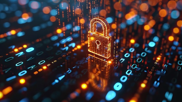 a glowing digital padlock symbol representing secure data encryption amidst a backdrop of binary code and cyber network