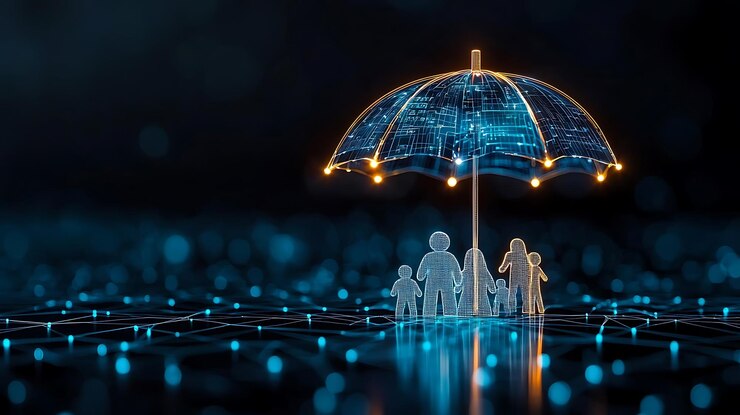 Photo a glowing health insurance card protecting a family under an umbrella in a healthcare setting