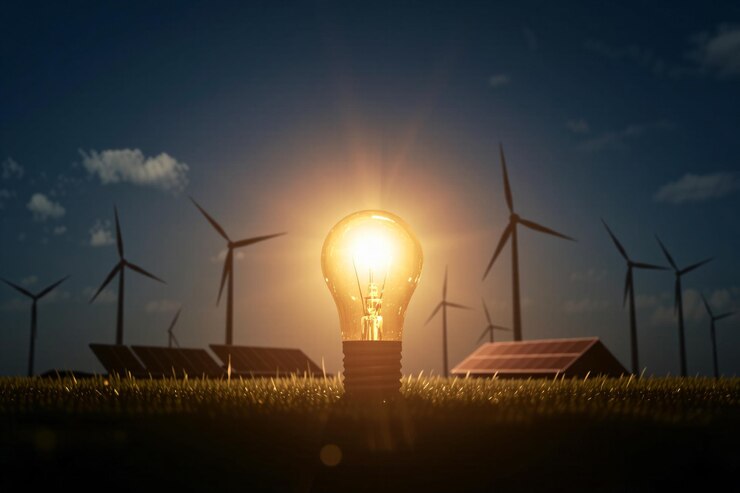 a glowing light bulb surrounded by wind turbines and solar panels on the night