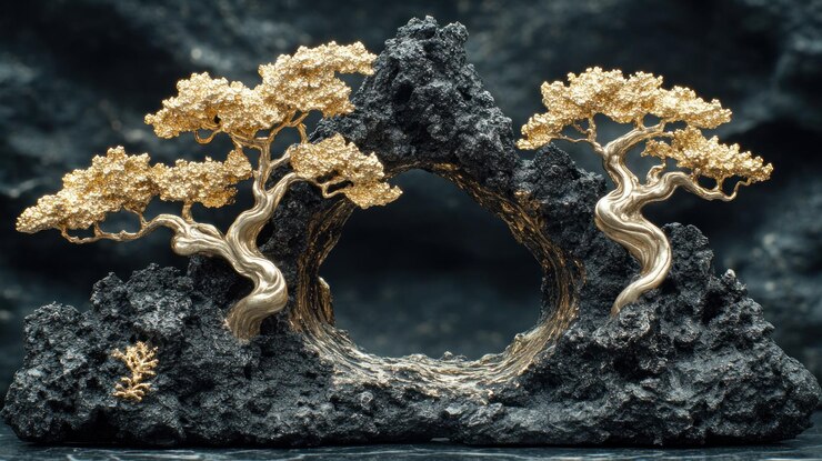 A golden bonsai tree sculpture with a black rock formation behind it