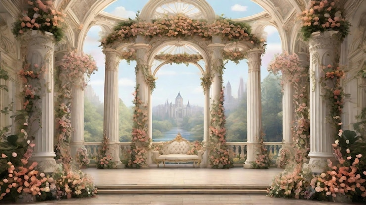 A grand wedding stage adorned with towering columns with intricate details and patterns