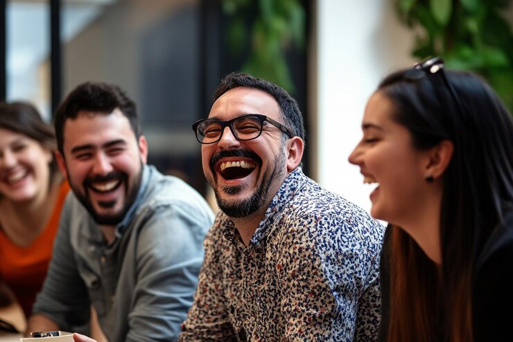 A group of coworkers laughing during a break in th