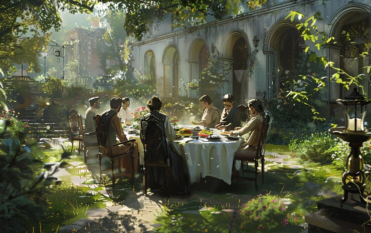 A group of friends and colleagues gathered in a tranquil garden