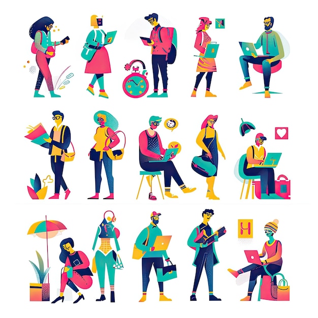 a group of people with different colored objects and one has a white background