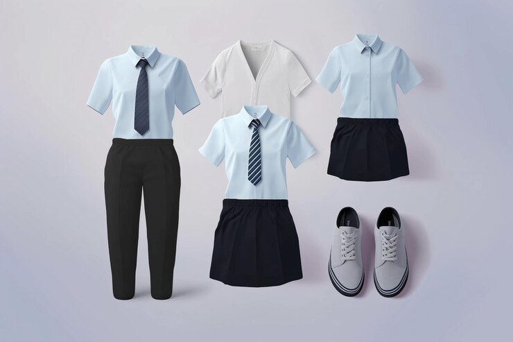 A group of school uniforms including a boy wearing a tie and a shirt with a tie.