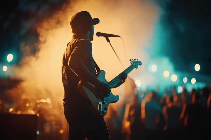 A guitarist performs passionately on stage under vibrant lights during an outdoor music festival at sunsetBest images
