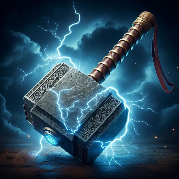 Photo a hammer with a hammer on it and a lightning bolt in the background