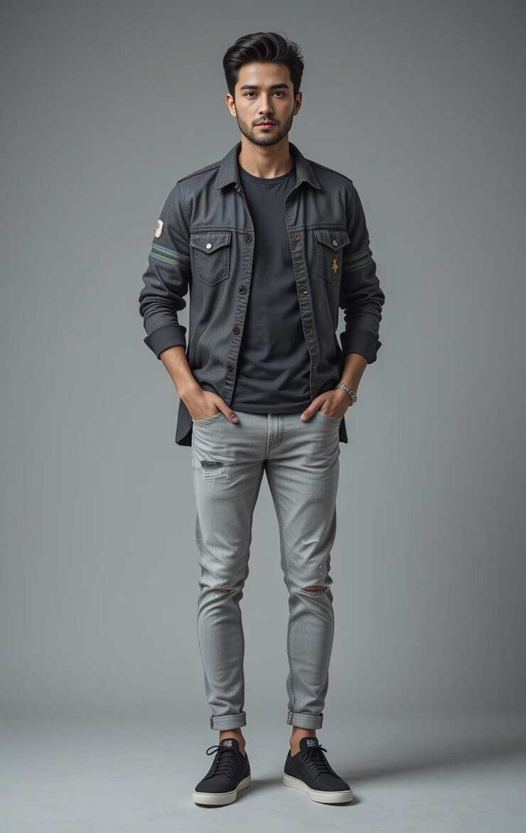 A handsome man in trendy casual fashion poses confidently on the solid background