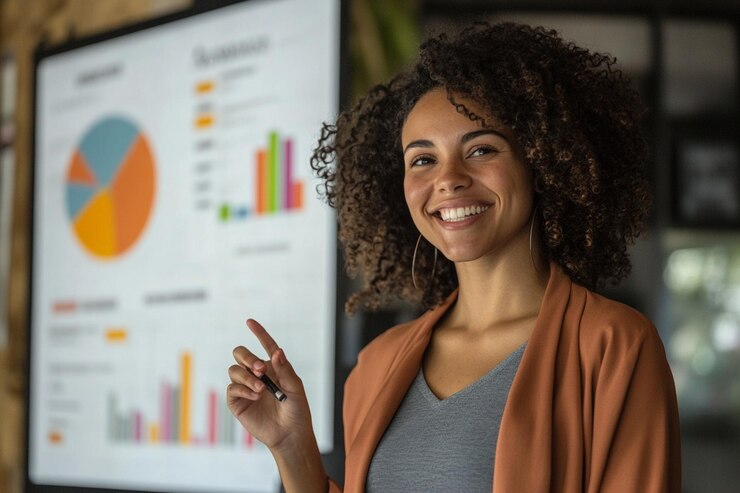 A happy entrepreneur explaining business trends to