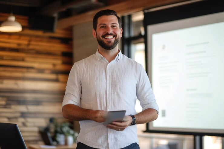 A happy entrepreneur standing in front of a projec