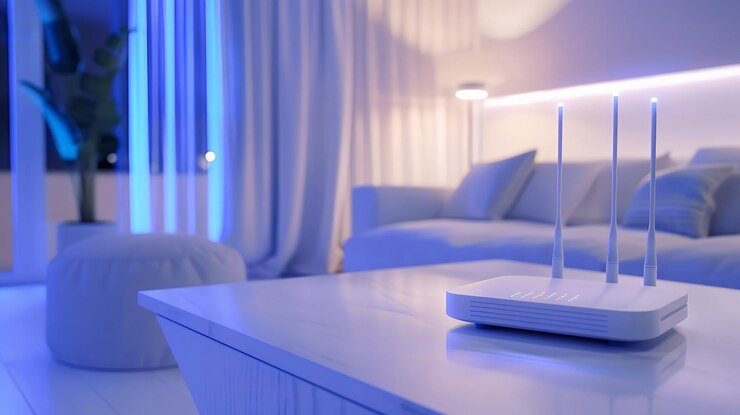 A highspeed wireless router standing gracefully on a table antennas prepared for seamless connectivity surrounded by the technologyrich ambiance of a modern home interior