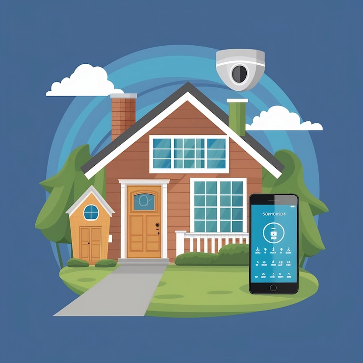 Photo a home security system with a smartphone and a house