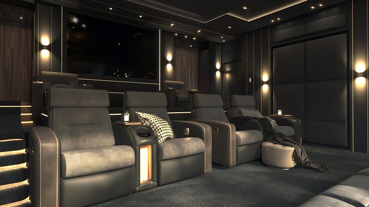 A home theater with black leather reclining chairs and a large screen The room is dark and the chairs are lit by a soft glow
