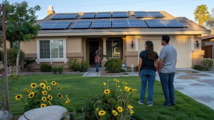 A homeowner showing off their solar panel system to visiting relatives