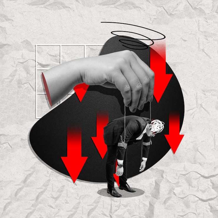 Photo a human hand holding a puppet of a businessman with the head of an abstract tangled ball