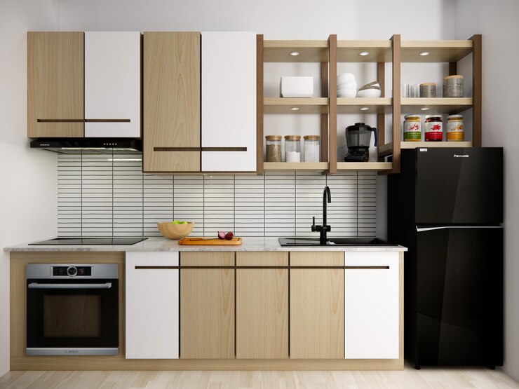 Photo a kitchen with a black refrigerator and a black dishwasher.