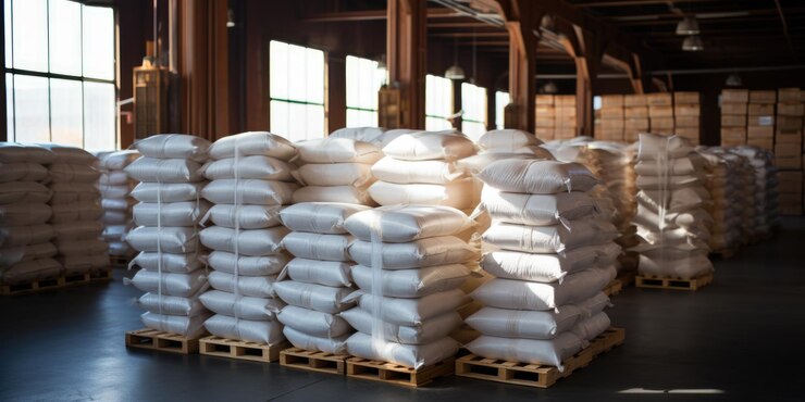 A large pile of white bags sitting on top of a pallet