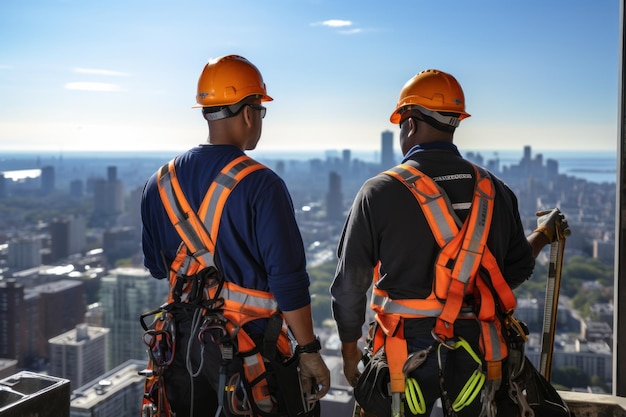 A lavoratori che lavorano in altezza con cintura di sicurezza AI generativa