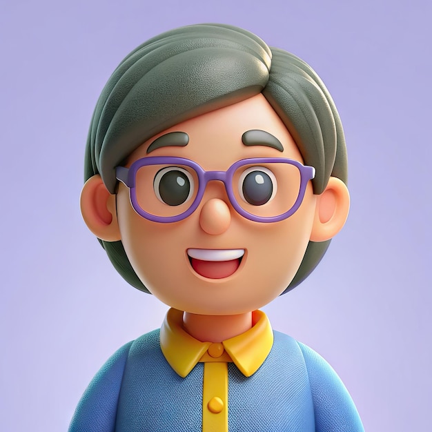 a lego figure with glasses and a purple shirt with purple glasses