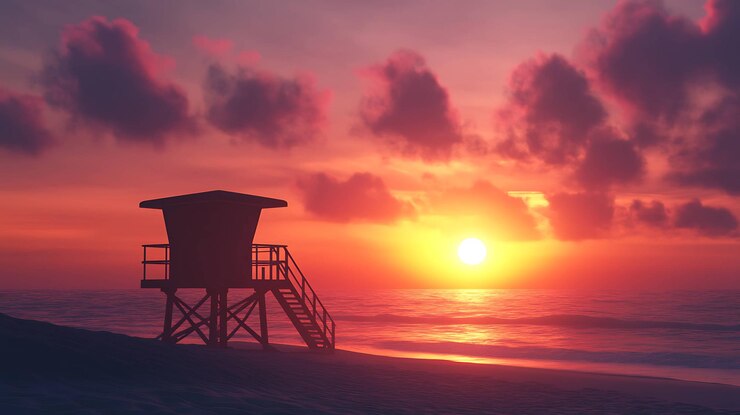 a lifeguard tower sits on the beach in front of a sunset