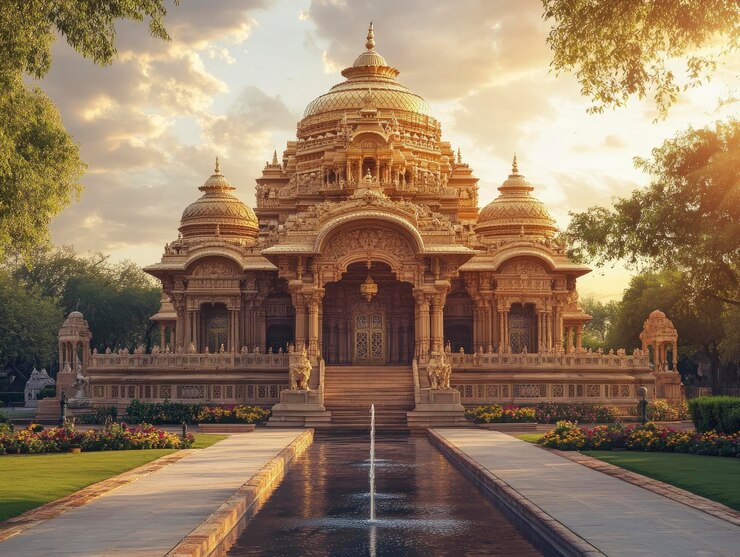 A majestic Indian temple with carvings and golden domes surrounded by gardens and fountains