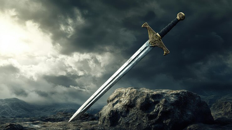 A majestic sword stands on a stone in a dramatic landscape under dark clouds at dusk evoking a sense of mystery and adventure