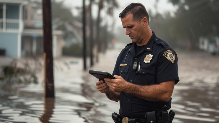 A male police officer coordinates emergency response efforts during a natural disaster