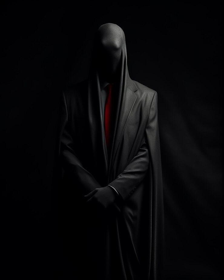 A man in a black suit with a red tie is standing in front of a black background