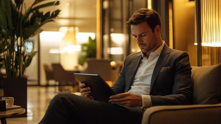 a man in a suit is looking at a tablet while holding a tablet