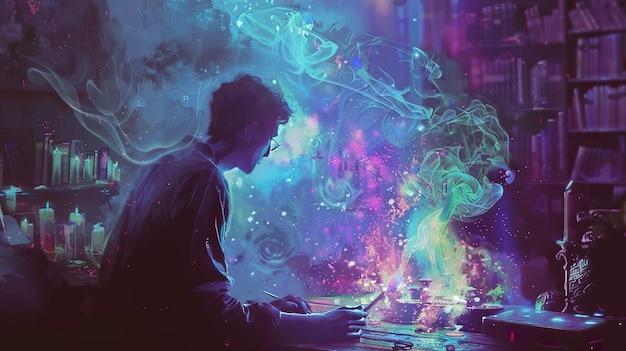 a man is playing a keyboard with the words  the word  on it