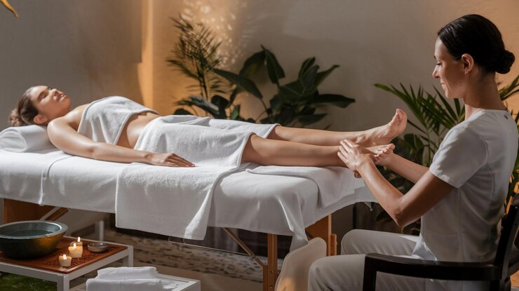 a man lies on a bed with his feet up and a woman is laying on a bed with a towel over her head
