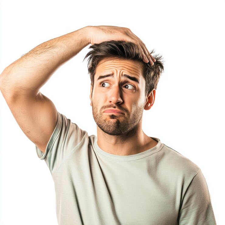 A man scratching his head with one hand eyebrows furrowed and mouth slightly open looking confused isolated on transparency background