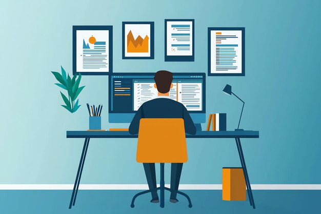 a man sits at a desk with a computer and a document that says quot financial data quot