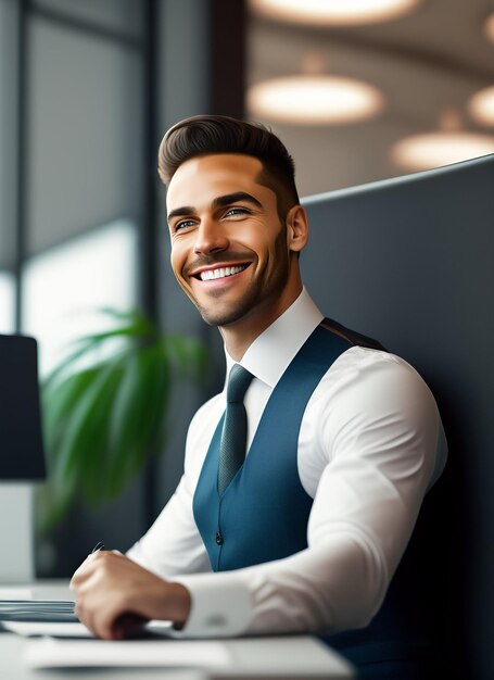 A man sits in front of a computer and smiles at the camera.