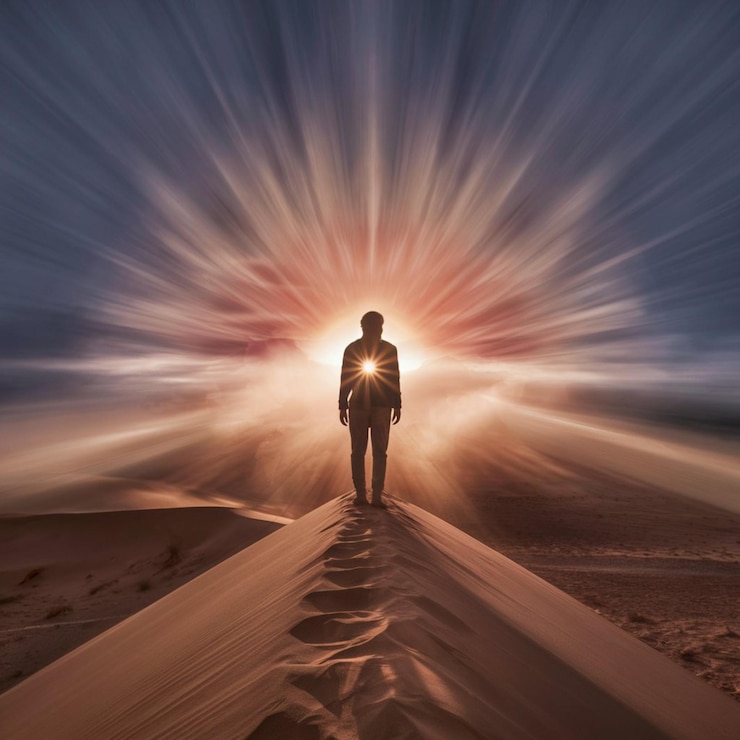 a man standing in the desert with a glowing light in the background