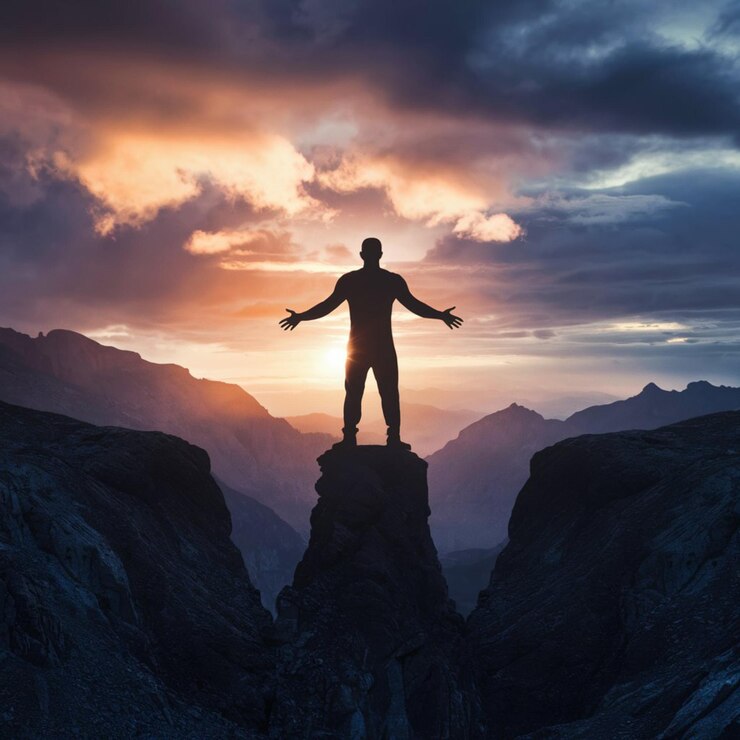 a man stands on a cliff with his arms raised above his head