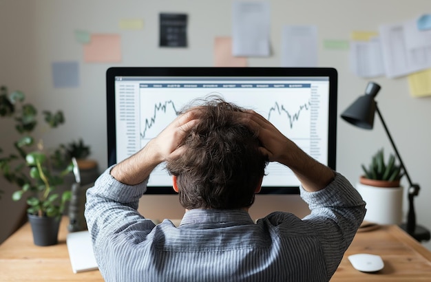 a man with his head on a computer with the graph graph showing on the screen