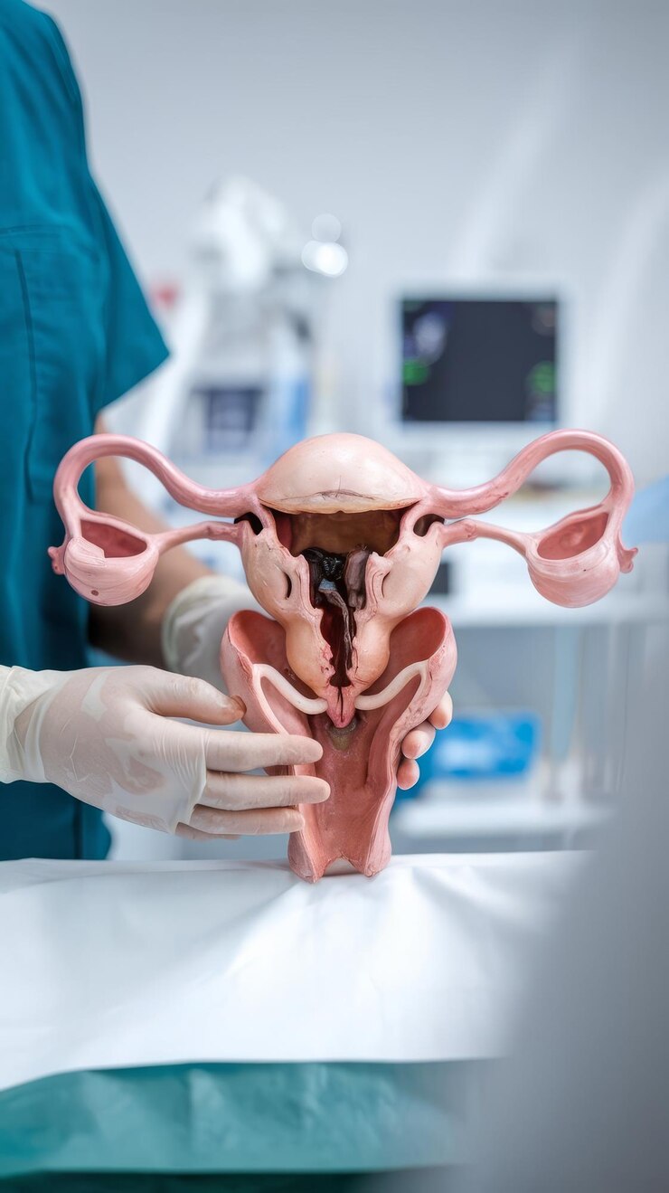 A medic shows the womans uterus on blurred background