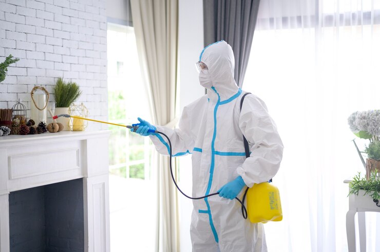 Photo a medical staff in ppe suit is using disinfectant spray in living room