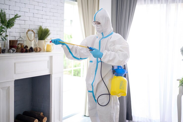 Photo a medical staff in ppe suit is using disinfectant spray in living room
