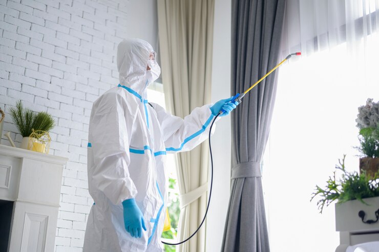 Photo a medical staff in ppe suit is using disinfectant spray in living room