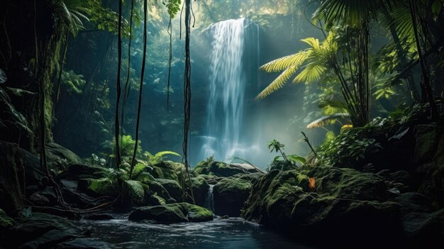 A mezzogiorno una foresta tropicale con una cascata