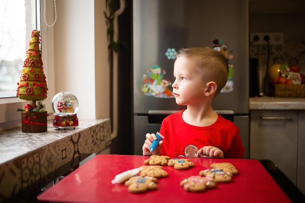 A Natale il ragazzo dipinge i biscotti che sua madre preparava a casa per le feste