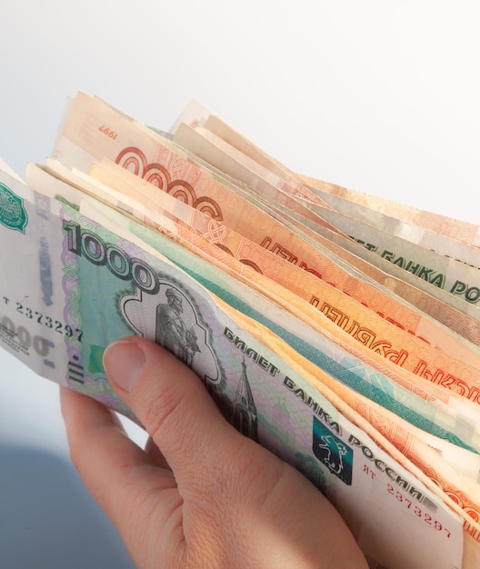 A pack of banknotes in denominations of 1 and 5 thousand Russian rubles